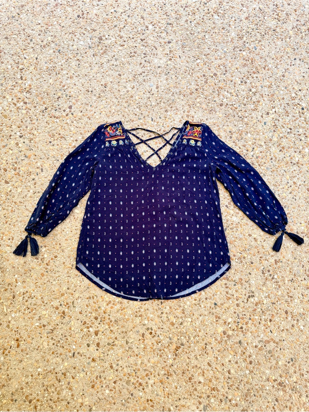 Hollister Boho Peasant Tassel Navy Blue Blouse Size S